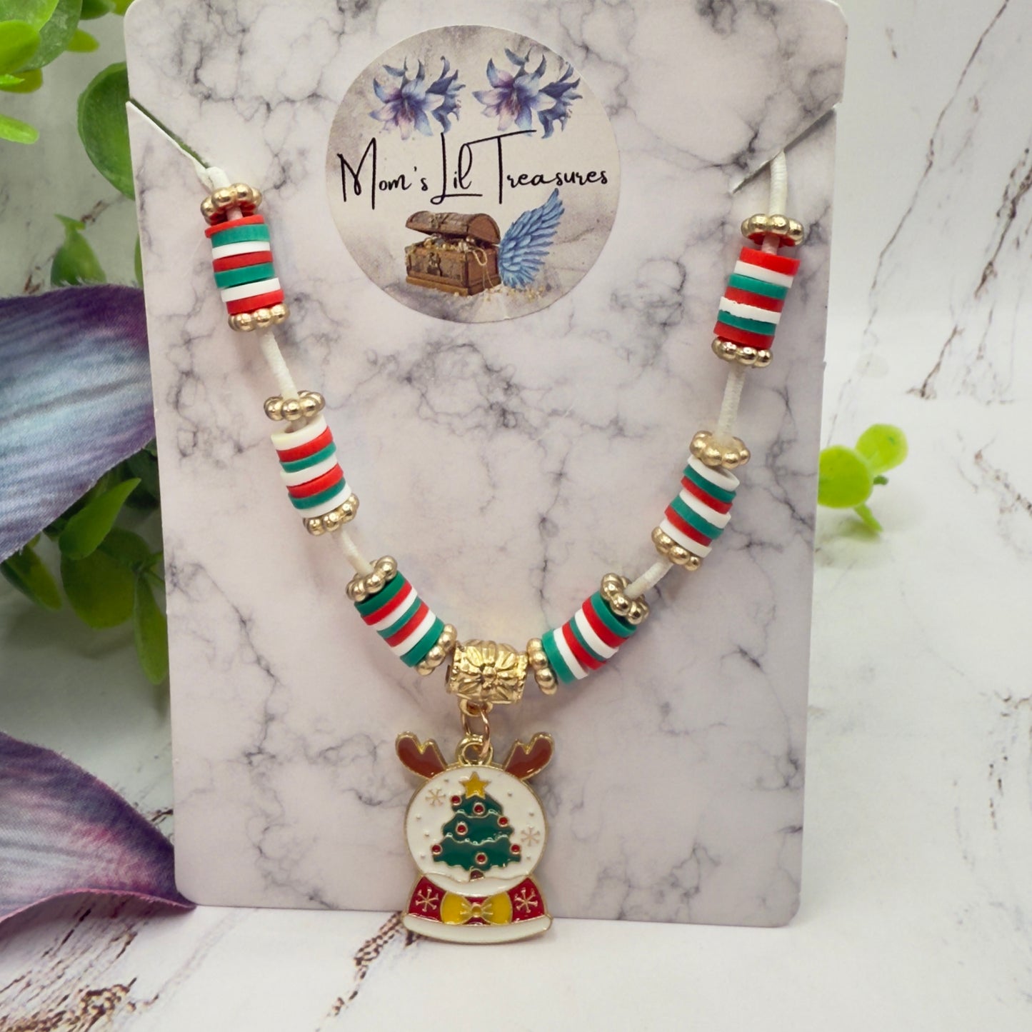 Christmas Snow Globe Charm Acrylic Beaded White Fabric Cord Doll Necklace • 18 Inch Fashion Doll Jewelry