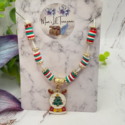 Christmas Snow Globe Charm Acrylic Beaded White Fabric Cord Doll Necklace • 18 Inch Fashion Doll Jewelry