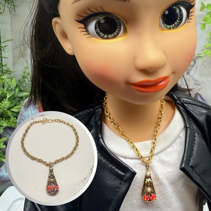 Teardrop Charm Floral Design Gold Chain Doll Necklace • 18 Inch Fashion Doll Jewelry