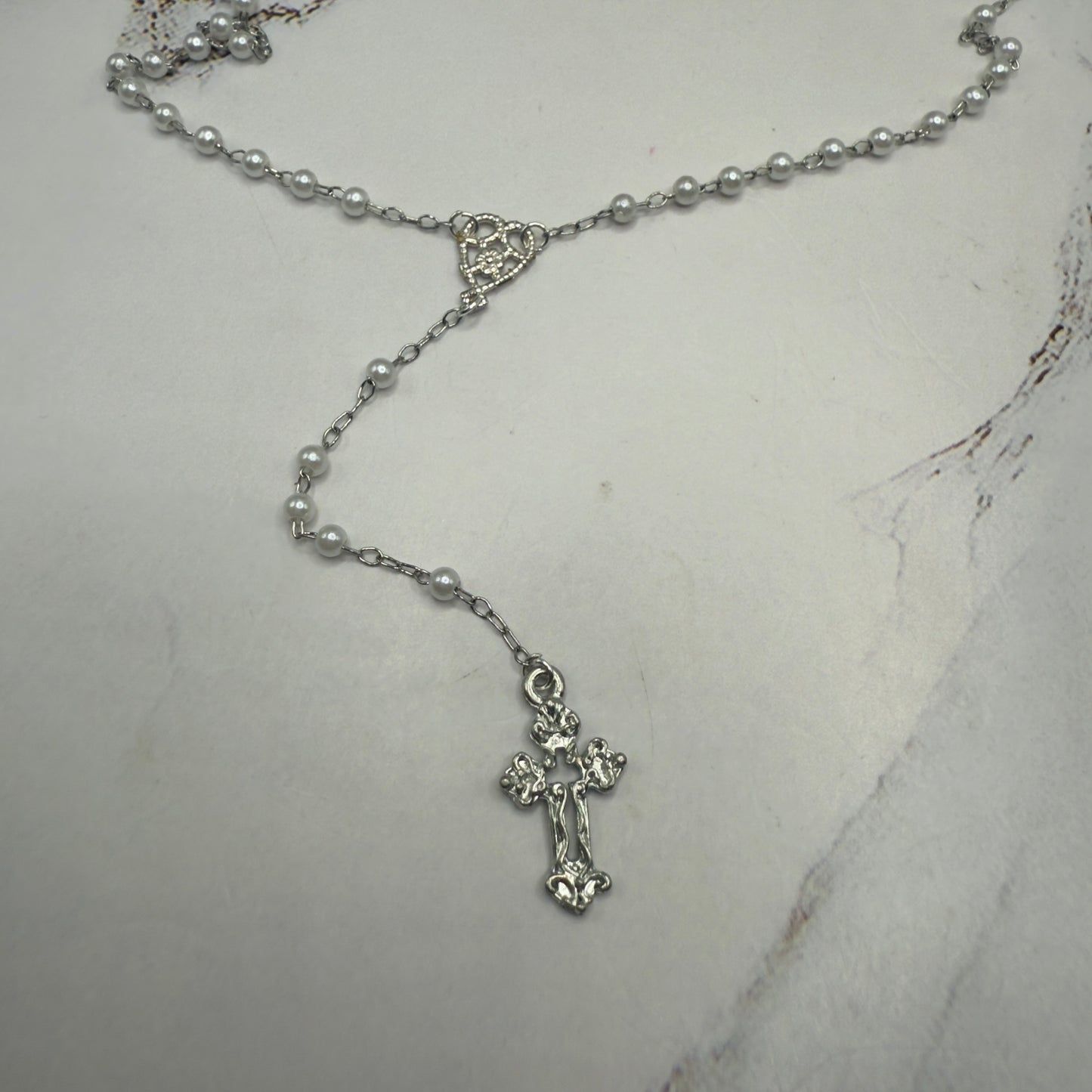 Pearl Beaded Silver Cross • Doll Size Catholic Rosary for 18-22” Fashion or Vintage Dolls