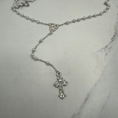 Pearl Beaded Silver Cross • Doll Size Catholic Rosary for 18-22” Fashion or Vintage Dolls
