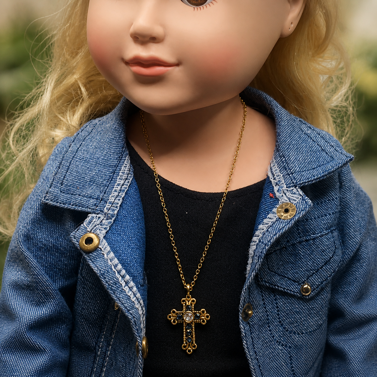 Blue Rhinestone Gold Cross Pendant Doll Necklace • 18 Inch Fashion Doll Jewelry