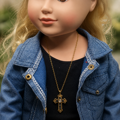 Blue Rhinestone Gold Cross Pendant Doll Necklace • 18 Inch Fashion Doll Jewelry