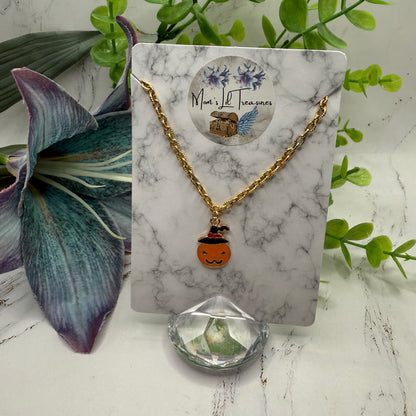 Jack-O-Lantern Halloween Pumpkin Charm Gold Chain Doll Necklace • 18 Inch Fashion Doll Jewelry