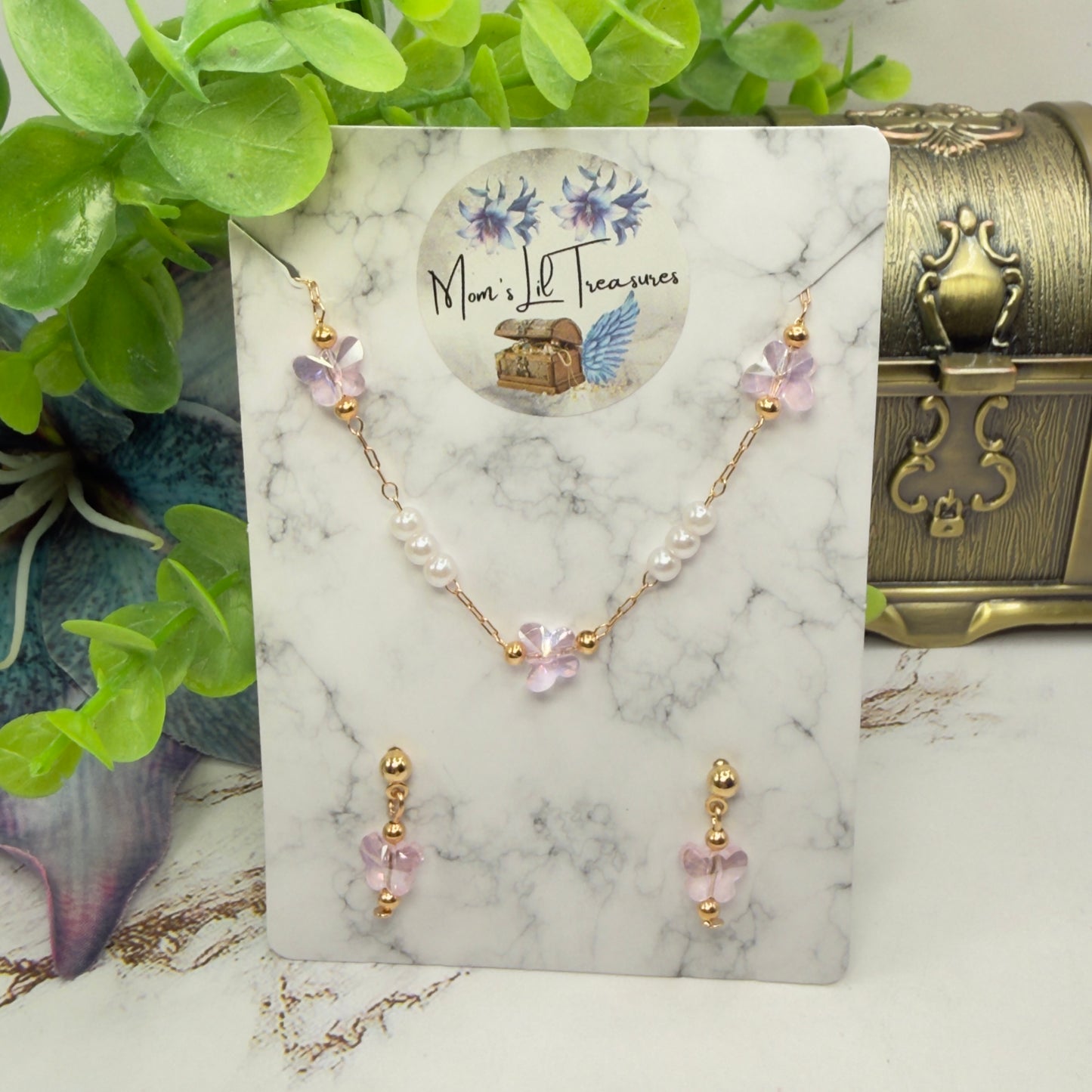 Light Pink Acrylic Crystal & Pearl Beaded Doll Necklace and Earrings Set • 18 Inch Fashion Doll Jewelry