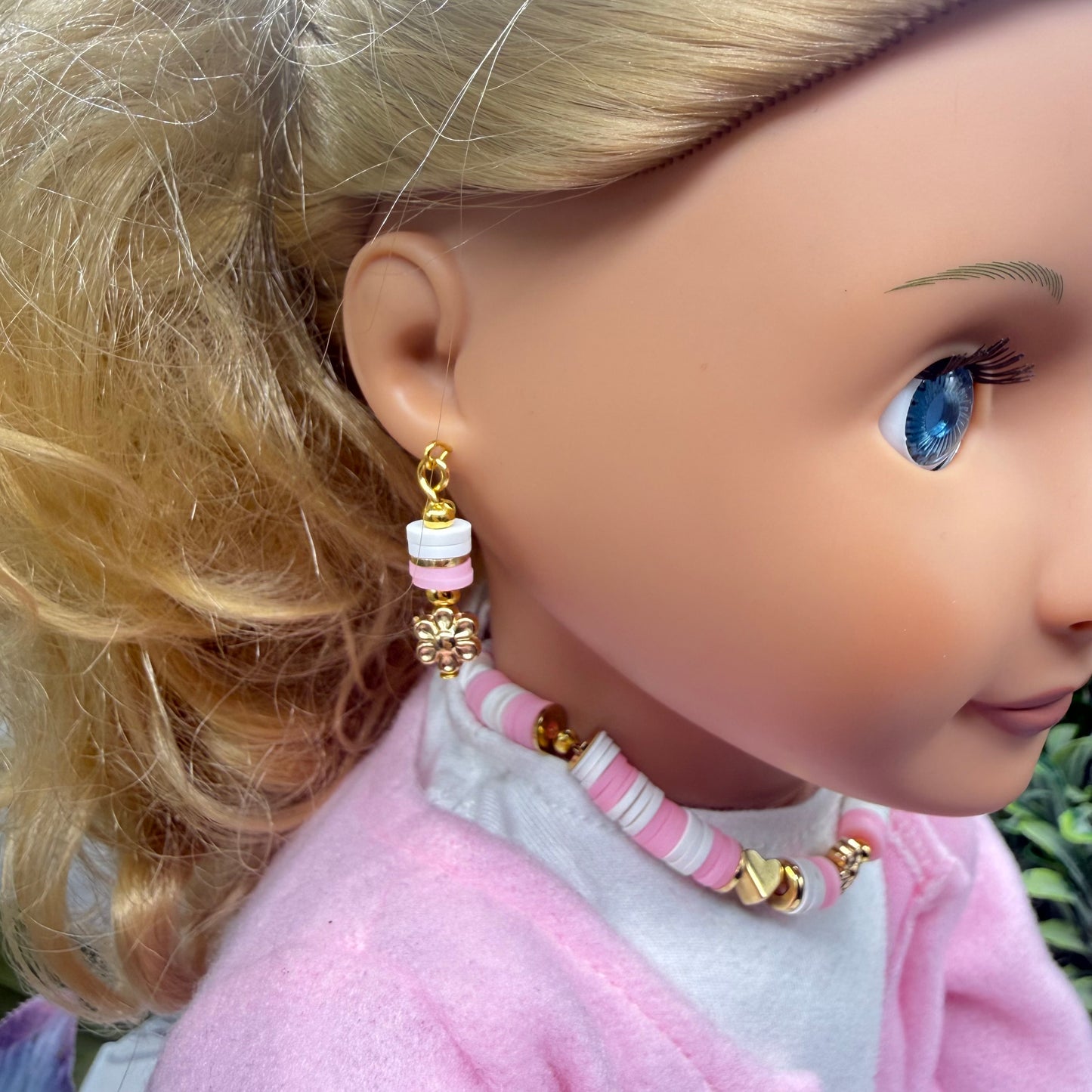 Pink White Disk Beaded Gold Flower Heart Doll Necklace & Earrings • 18 Inch Fashion Doll Jewelry