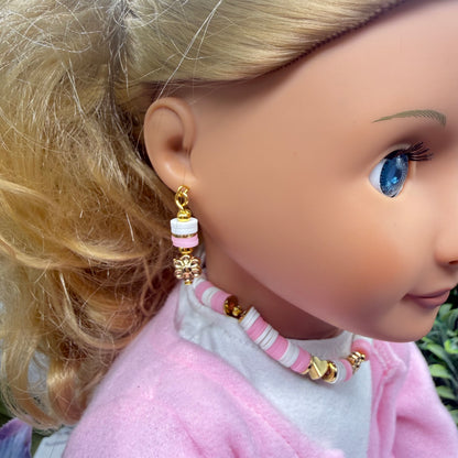 Pink White Disk Beaded Gold Flower Heart Doll Necklace & Earrings • 18 Inch Fashion Doll Jewelry