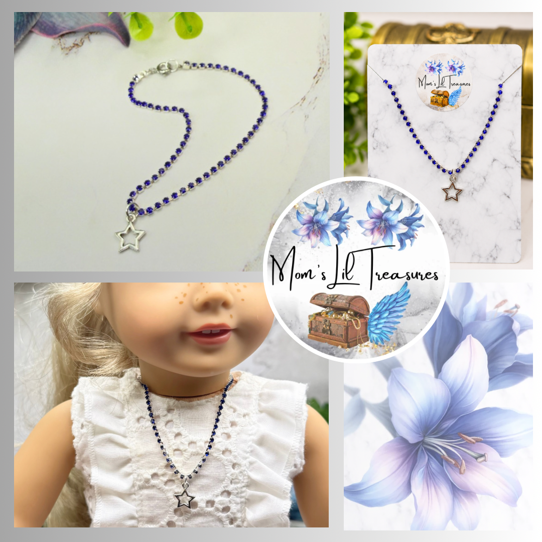 Blue Rhinestone Silver Star Charm Doll Necklace for 18 Inch Fashion Doll