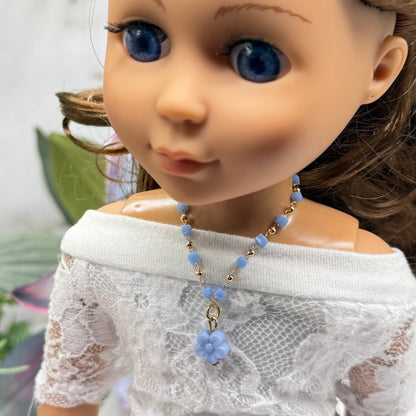 Blue Flower Charm Blue Square & Gold Beaded Doll Necklace • 14 Inch Fashion Doll Jewelry