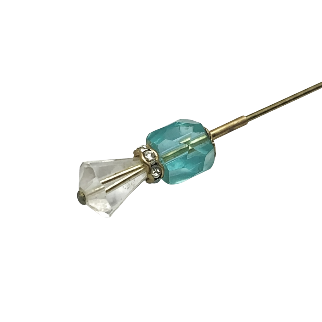 Turquoise Blue Glass Crystal -  Rhinestone Gold Tone 6” Pin • Hatpin - Stick Pin