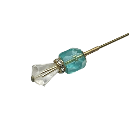 Turquoise Blue Glass Crystal -  Rhinestone Gold Tone 6” Pin • Hatpin - Stick Pin