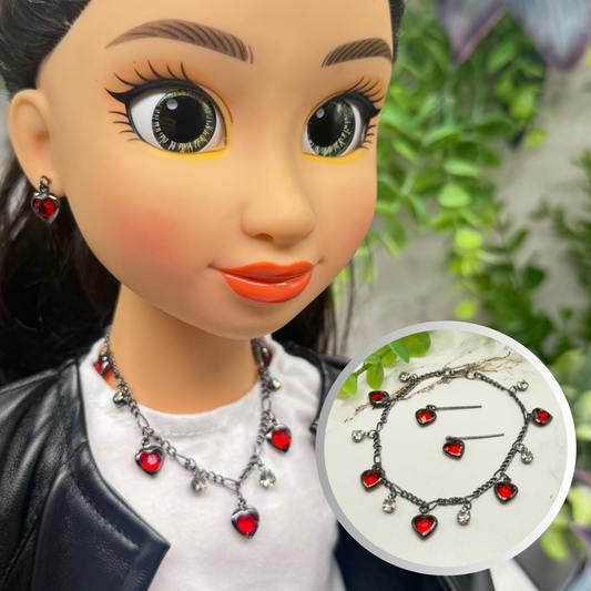 Red Rhinestone Heart Dangles Gunmetal Chain Doll Necklace & Earrings Set • 18 Inch Fashion Doll Jewelry