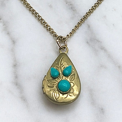 Gold Turquoise Accent Teardrop Locket Doll Necklace • 18” Fashion Doll Jewelry