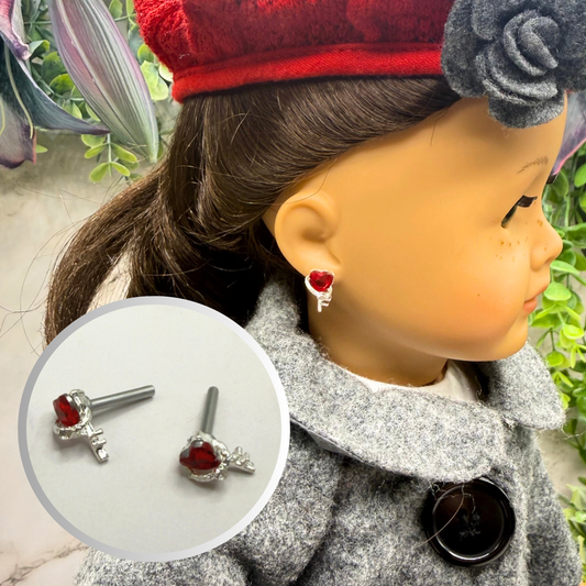 Red Rhinestone Heart Silver Key Post Doll Earrings • 2mm Post for 18 Inch Fashion Doll
