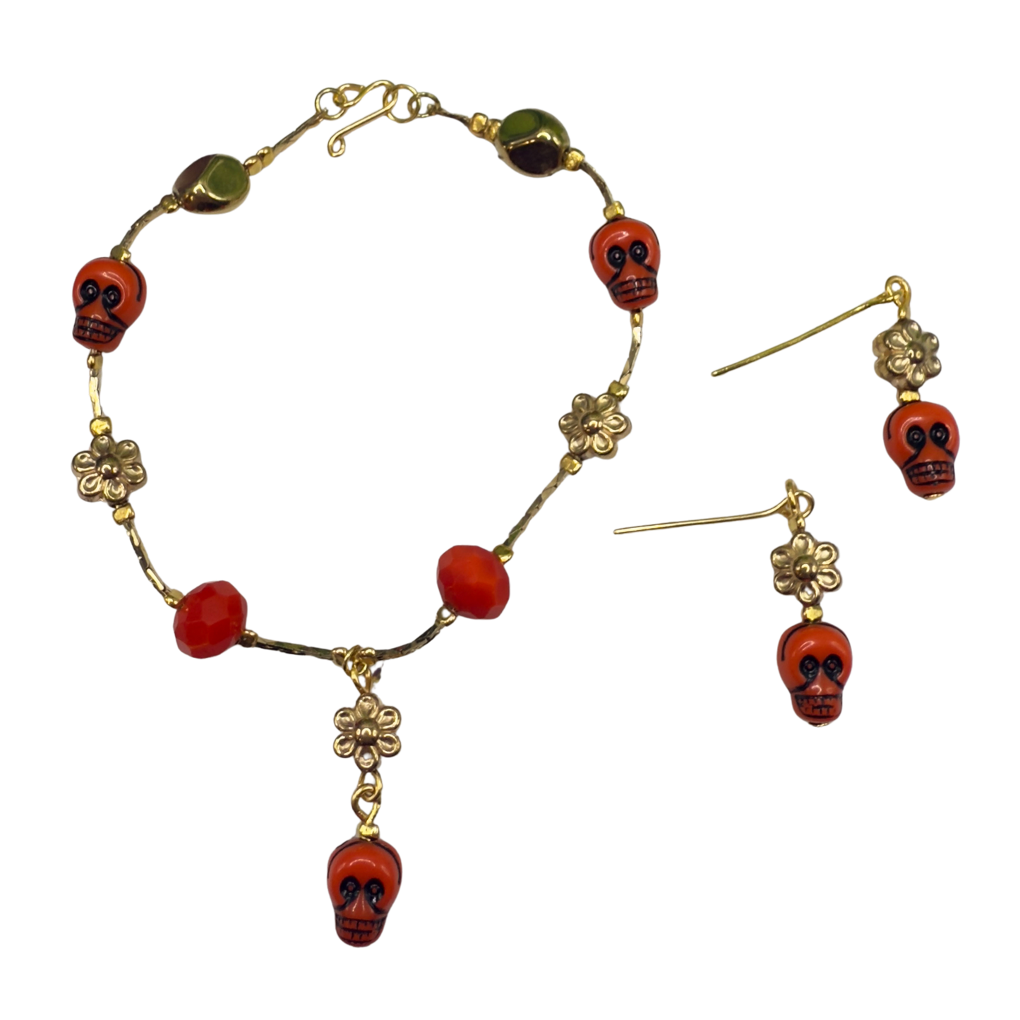 Red Skull Flower Charm Halloween Acrylic Beaded Gold Chain Doll Necklace and Earrings Set • 18 Inch Fashion Doll Jewelry