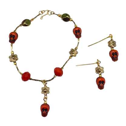 Red Skull Flower Charm Halloween Acrylic Beaded Gold Chain Doll Necklace and Earrings Set • 18 Inch Fashion Doll Jewelry