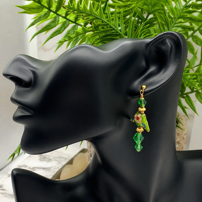 Fashion Green Crystal & Cloisonné Gold Tone Dangle Earrings - Post- Handmade