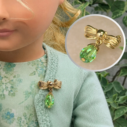 Green Glass Crystal Dangle Gold Bow Doll Pin Brooch
