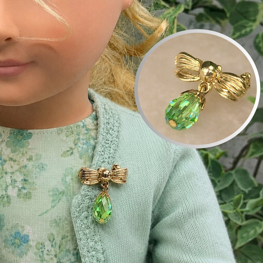 Green Glass Crystal Dangle Gold Bow Doll Pin Brooch