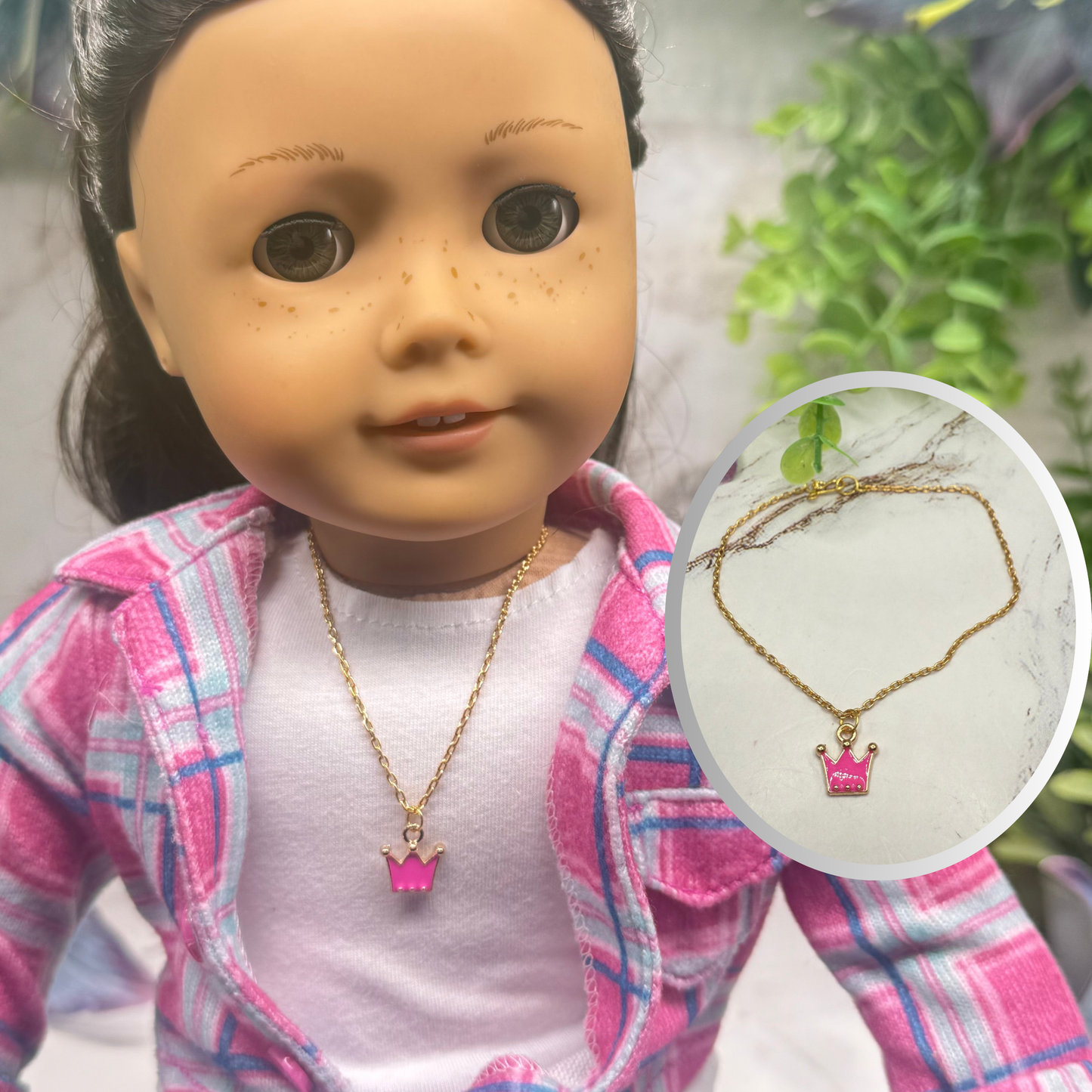 Pink Crown Charm Gold Chain Doll Necklace • 18 Inch Fashion Doll Jewelry