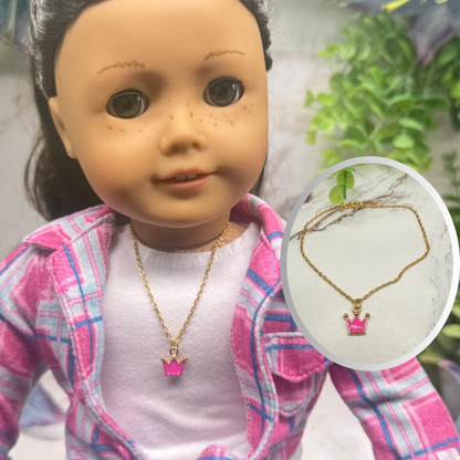 Pink Crown Charm Gold Chain Doll Necklace • 18 Inch Fashion Doll Jewelry