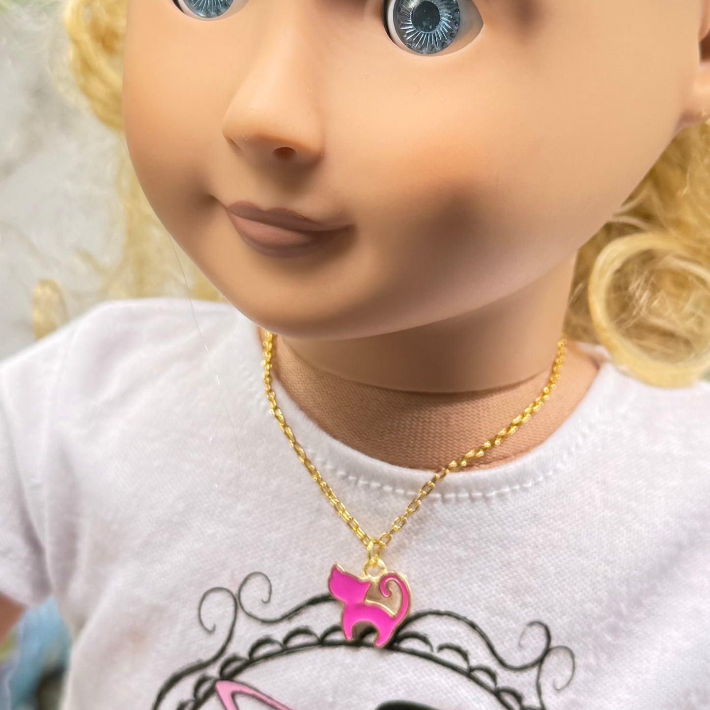 Pink Enamel Cat Charm Gold Doll Necklace • 18 Inch Fashion Doll Jewelry