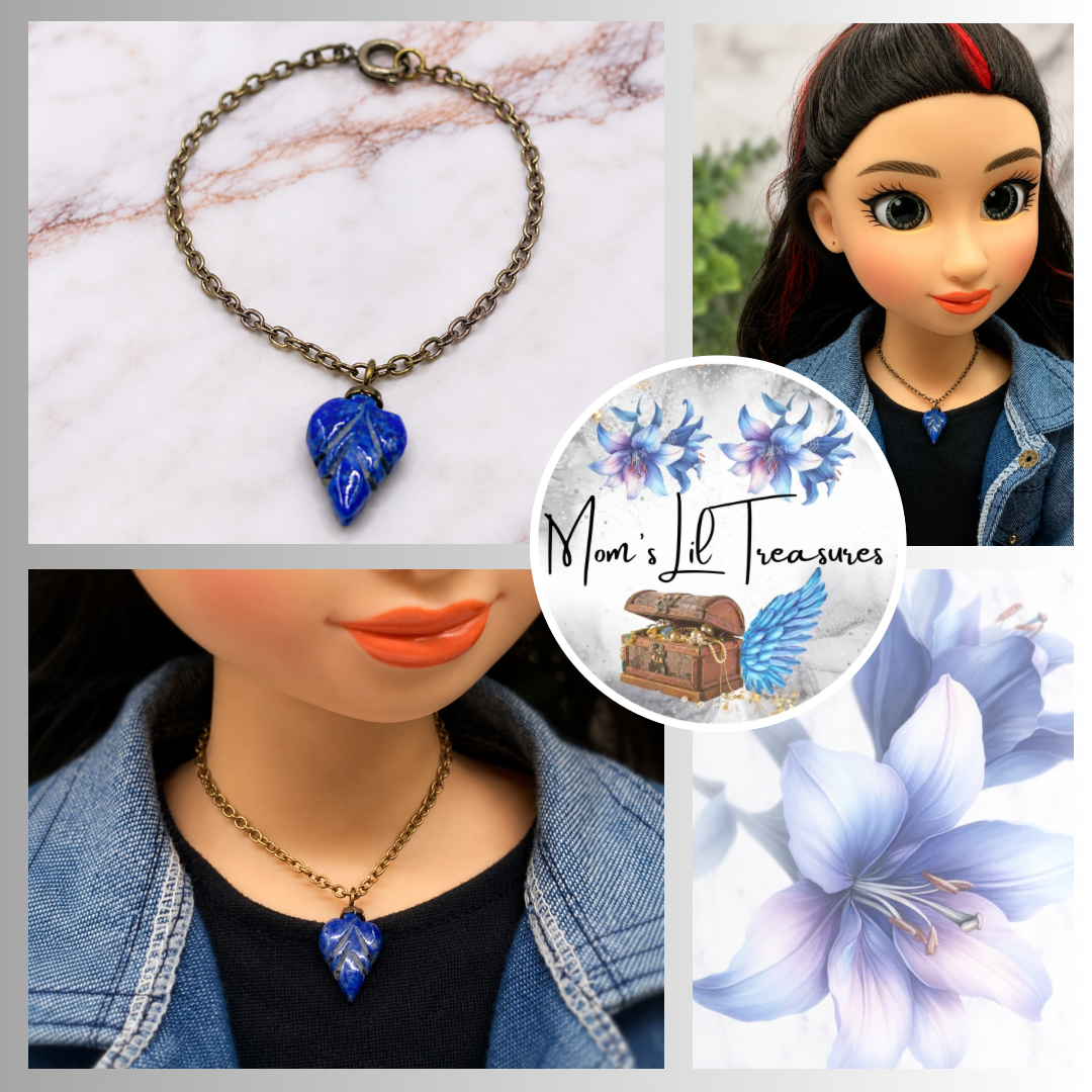 Blue Arrowhead Heart Shape Glass Pendant Doll Necklace • 18 Inch Doll Jewelry