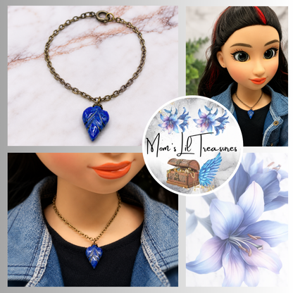 Blue Arrowhead Heart Shape Glass Pendant Doll Necklace • 18 Inch Doll Jewelry