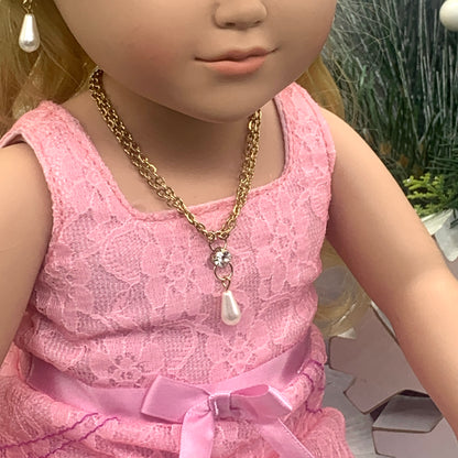 Clear Rhinestone Teardrop Pearl Gold Doll Necklace Earring Set  18” Doll Jewelry