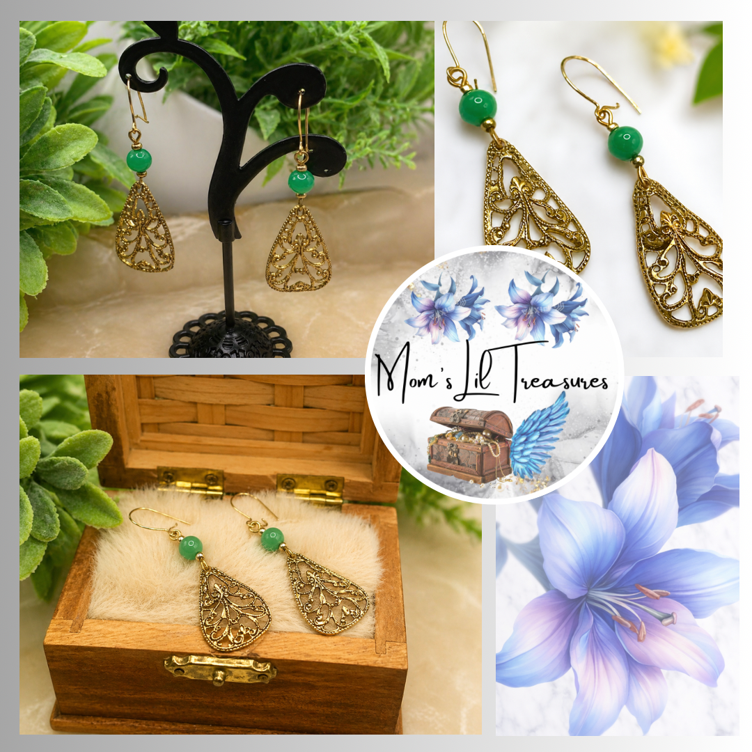 Gold Tone Filigree Design Green Glass Accent Dangle Earrings • Handmade Jewelry