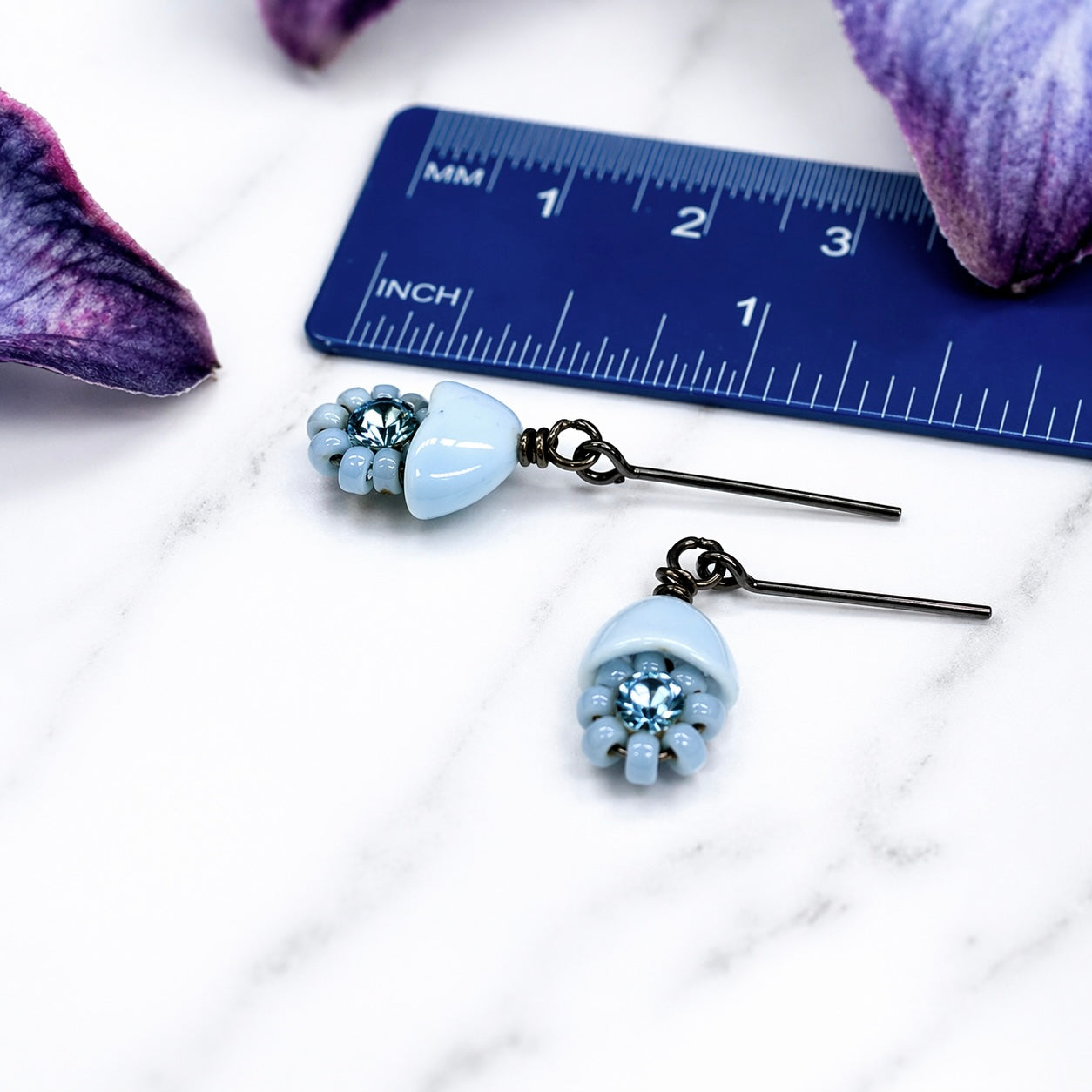 Light Blue Glass Rhinestone Flower Dangle Doll Earrings for 18-22” Vintage Doll