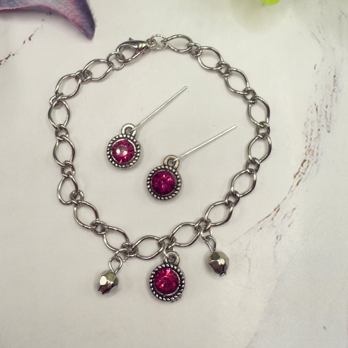 Dark Pink Rhinestone Large Silver Link Necklace & Earrings Set • 18 Inch Fashion Doll Jewelry