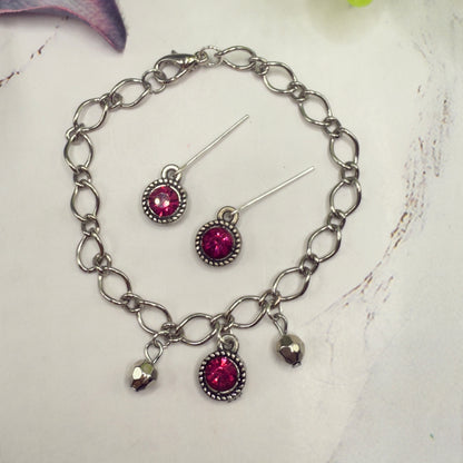 Dark Pink Rhinestone Large Silver Link Necklace & Earrings Set • 18 Inch Fashion Doll Jewelry