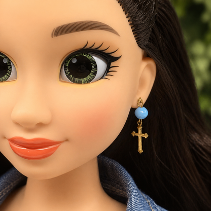 Turquoise Blue Glass & Gold Cross Dangle Doll Earrings • 18 Inch Fashion Doll Jewelry