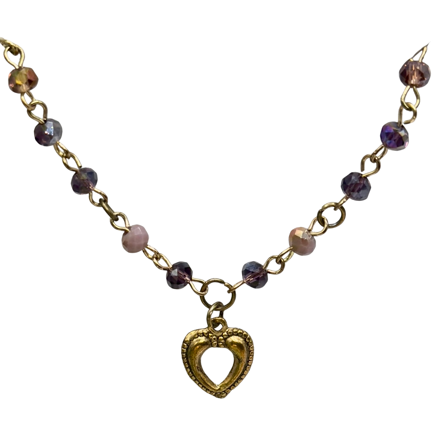 Multi Tone Purple Glass Crystal Bead Chain Gold Heart Charm Doll Necklace • 14 Inch Fashion Doll Jewelry