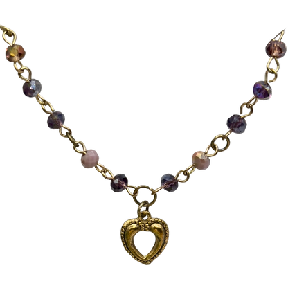 Multi Tone Purple Glass Crystal Bead Chain Gold Heart Charm Doll Necklace • 14 Inch Fashion Doll Jewelry