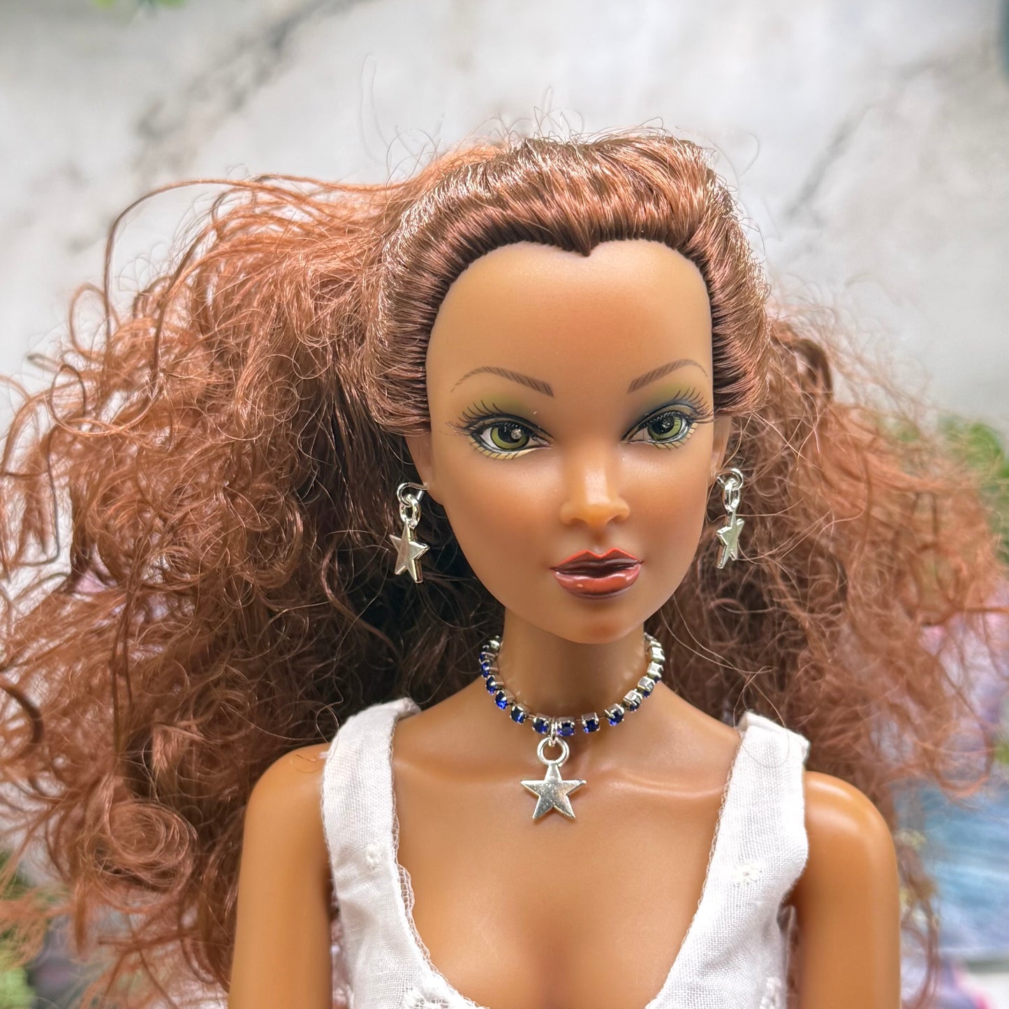Blue Rhinestone Silver Star Charm Doll Necklace & Earrings for 16 Inch Fashion Doll