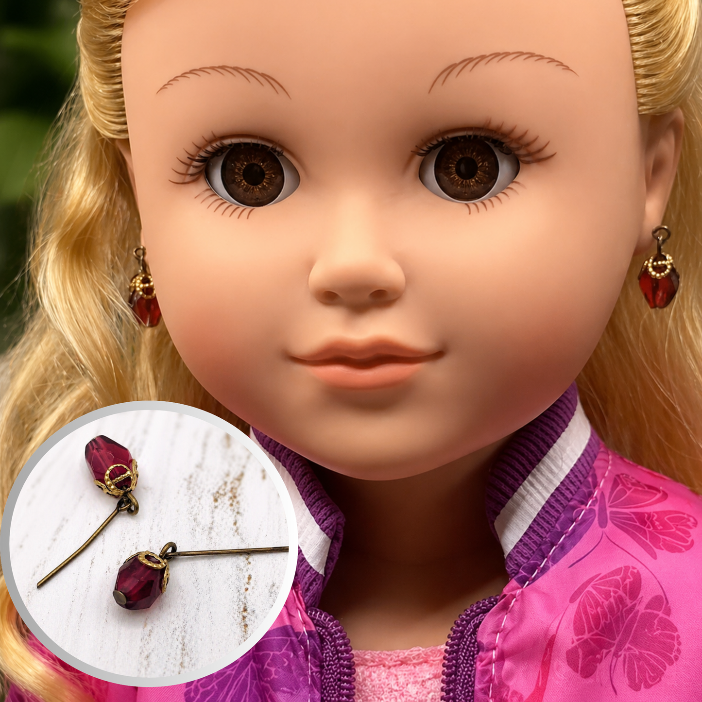 Purple Red Glass Crystal Dangle Doll Earrings • 18 Inch Fashion Doll Jewelry