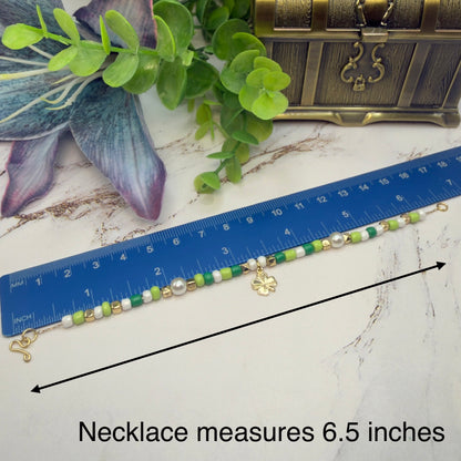 Green White Beaded Gold Shamrock Doll Necklace & Earrings Set • 18 Inch Fashion Doll Jewelry