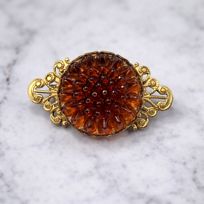Gold Tone Filigree Brown Acrylic Button Flower Design • Doll Brooch