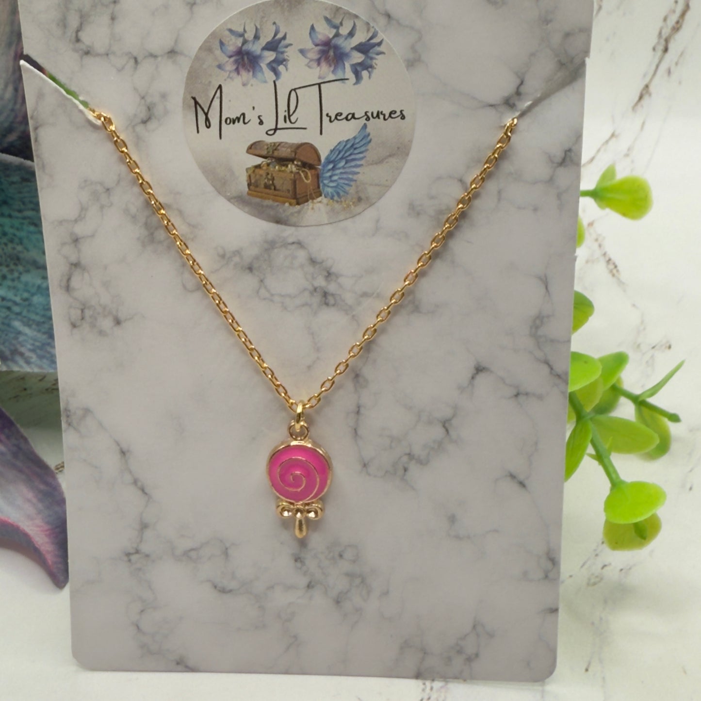 Pink Lollipop Charm Gold Chain Doll Necklace • 18 Inch Fashion Doll Jewelry