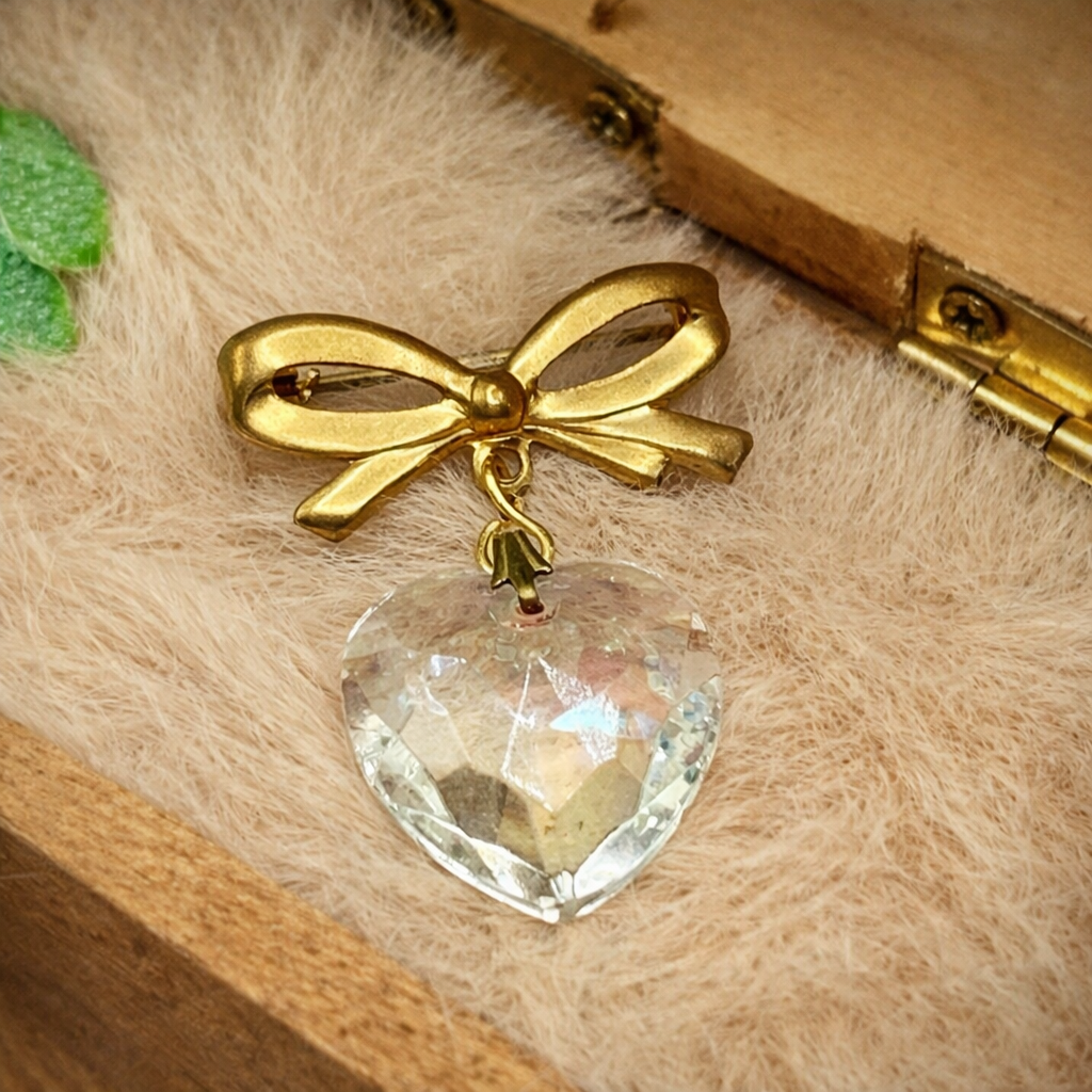 Clear Glass Heart Pendant Gold Tone Bow Pin • Doll Brooch