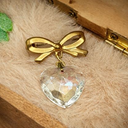 Clear Glass Heart Pendant Gold Tone Bow Pin • Doll Brooch