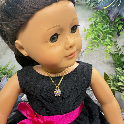Aurora Borealis Rhinestone Flower Shape Pendant Gold Doll Necklace • 18 Inch Fashion Doll Jewelry