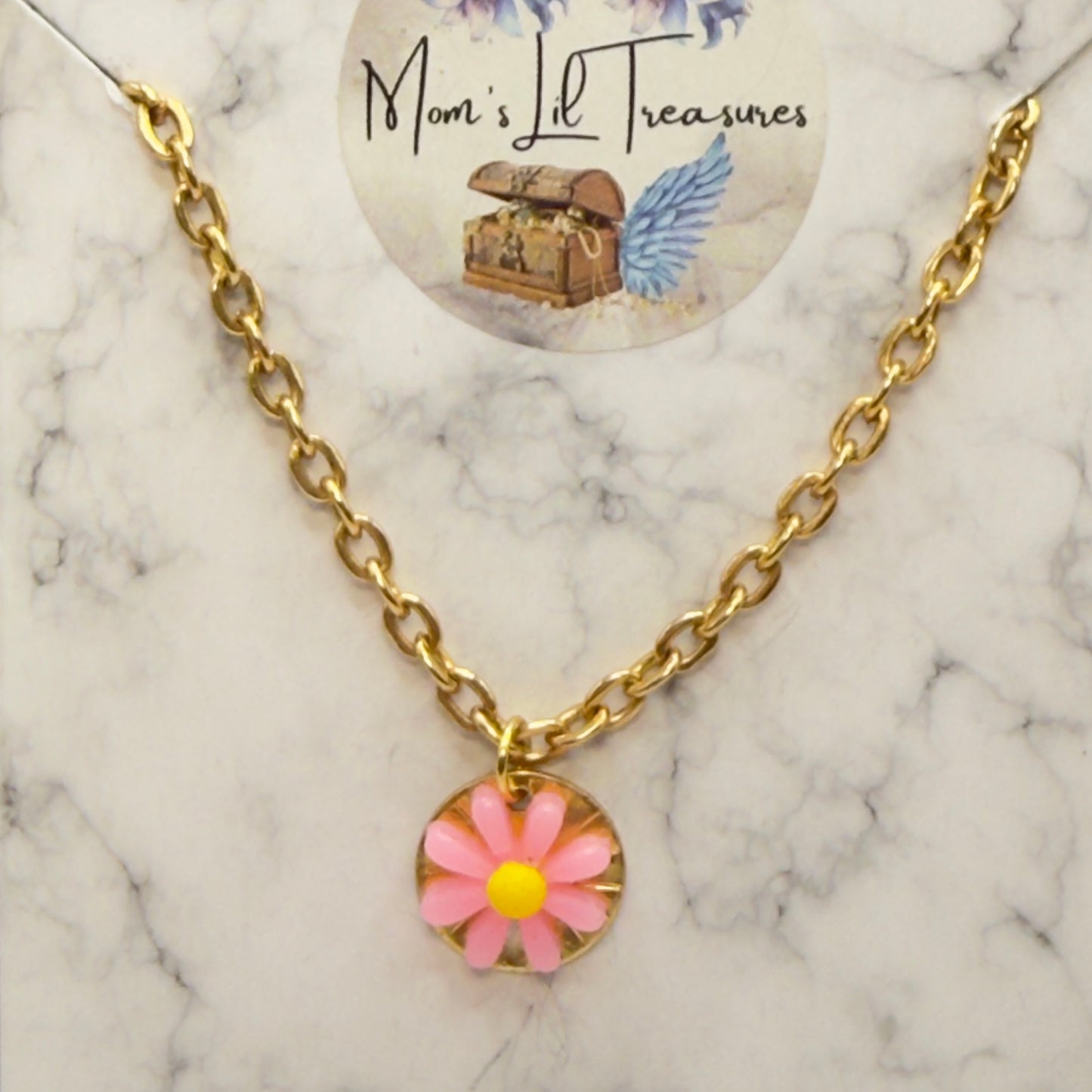 Pink Yellow Daisy Flower Pendant Gold Chain Doll Necklace • 18 Inch Fashion Doll Jewelry