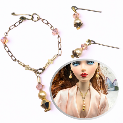 Pink Crystal Pearl Gold Y-Drop Doll Necklace & Earrings • 16 Inch Fashion Doll Jewelry