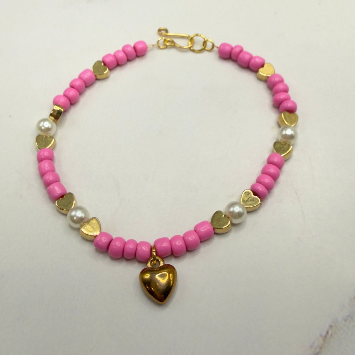 Pink & Pearl Beaded Gold Heart Valentine’s Day Doll Necklace • 18 Inch Fashion Doll Jewelry