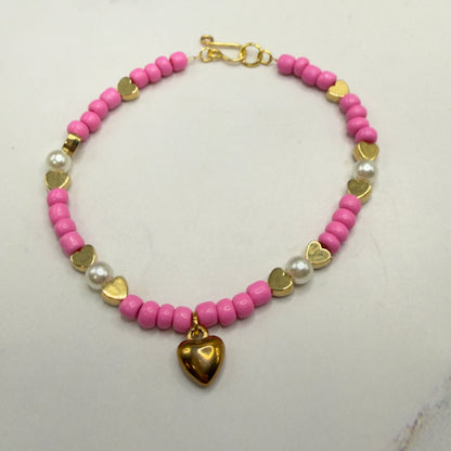 Pink & Pearl Beaded Gold Heart Valentine’s Day Doll Necklace • 18 Inch Fashion Doll Jewelry