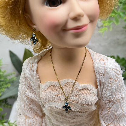 Dark & Light Blue Rhinestone Leaf Cluster Vintage Style Doll Necklace & Earrings • 18-22 Inch Fashion Vintage Doll Jewelry