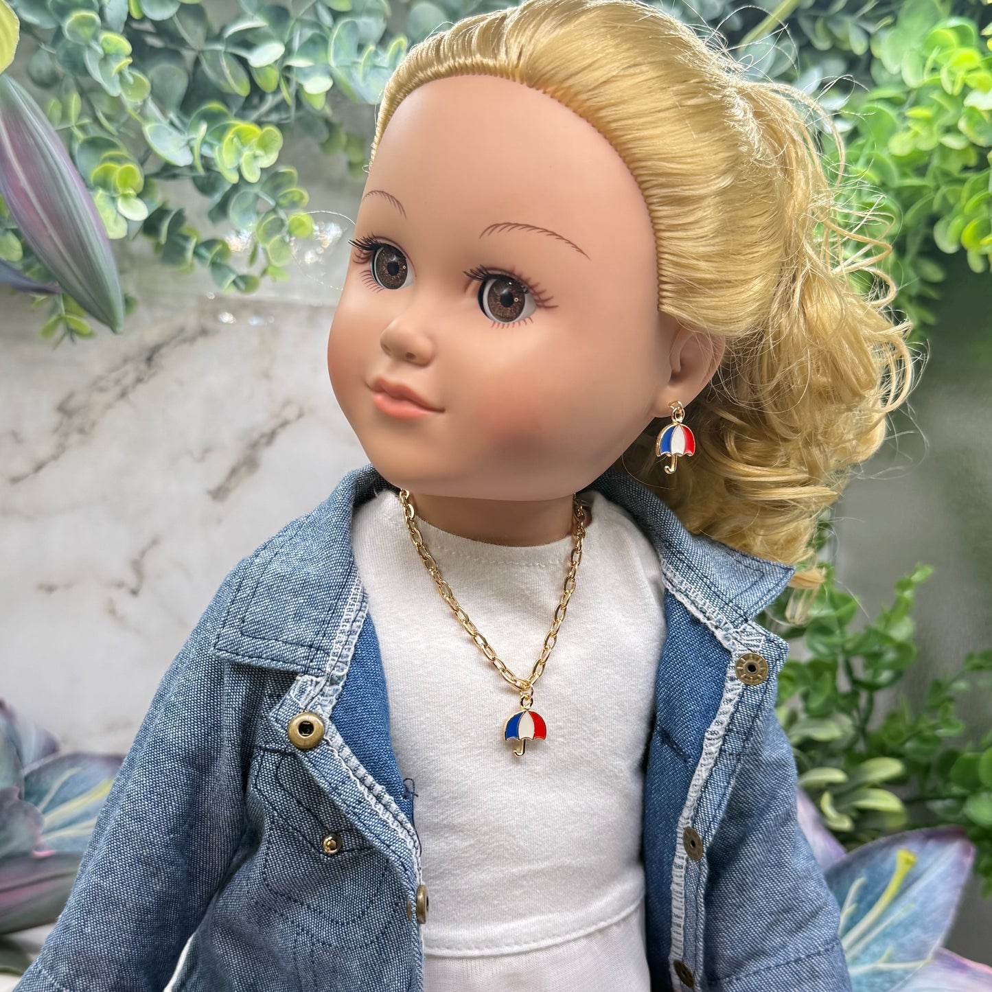 Red White Blue Patriotic Umbrella Charm Doll Necklace & Earrings for 18 Inch Fashion Doll